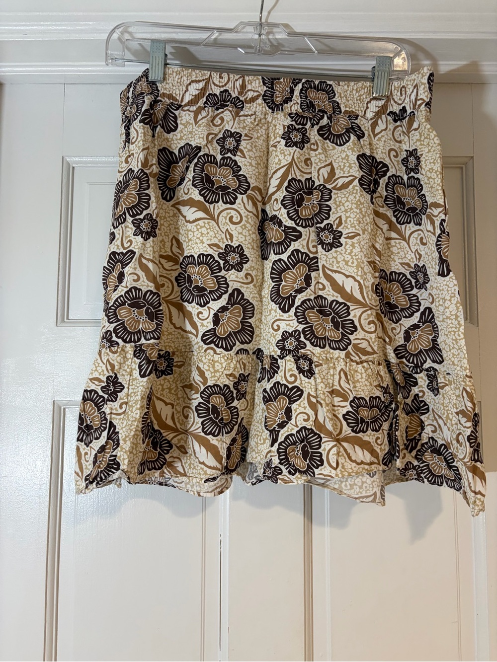 LOFT Floral Ruffle Mini Skirt in Cream and Brown